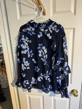 Calvin Klein Navy Floral Ruffle Smocked Blouse